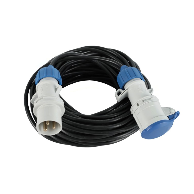 Prolunga lineare 20m (cavo 3G1,5) con spina e presa CEE 16A IP44 nera.
