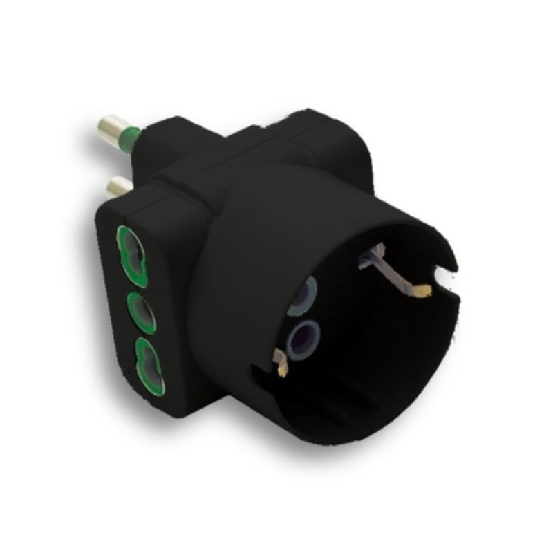 Adattatore triplo spina 16A a 2 prese Bipasso + 1 Schuko nera