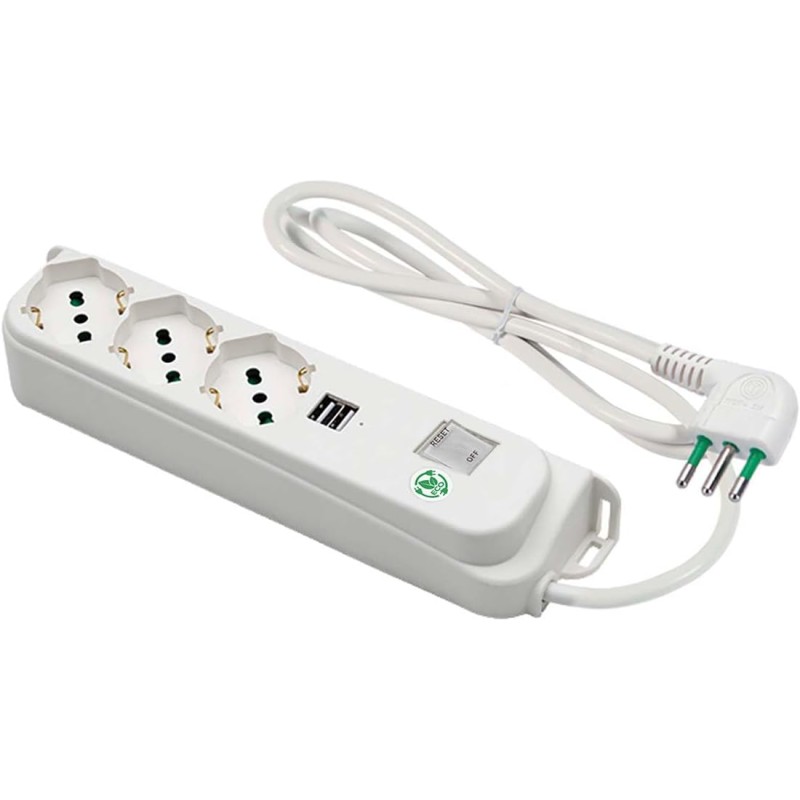 Multipresa Relife ECO 3 uscite Bipasso P40, 2 USB 3A, cavo 1,5m, interruttore di sicurezza e spina 10A