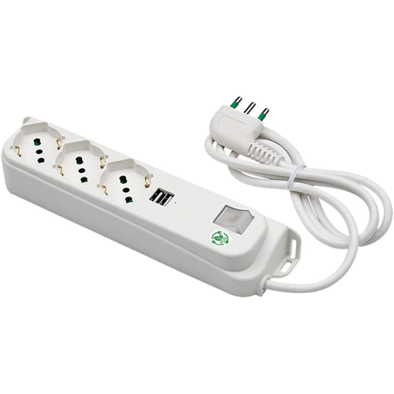 Multipresa Relife ECO 3 uscite Bipasso P40, 2 USB 3A, cavo 1,5m, interruttore e spina 16A