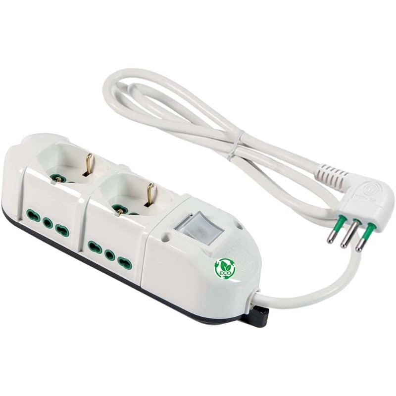 Multipresa Antibatterica ECO 6 uscite mix (2 P40 + 4 Bipasso) con cavo 1,5m, spina 10A e interruttore di sicurezza