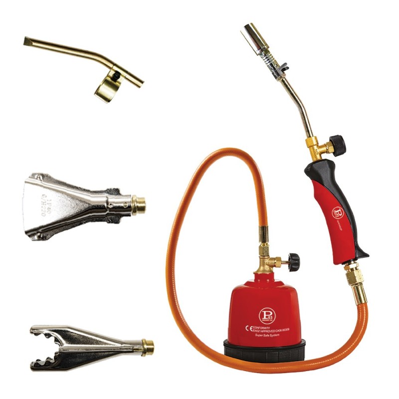 Set saldatore con cannello, tubo gomma, 3 bruciatori, corpo metallo, 2,1 kW
